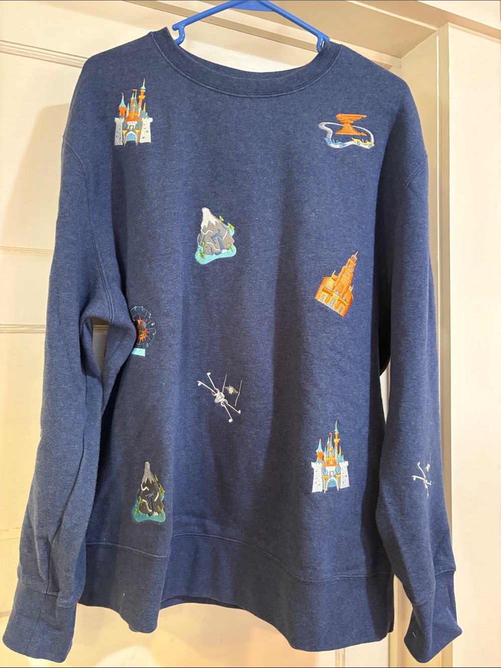 Disney Navy Crewneck Sweater with Colorful Park Motif Embroideries